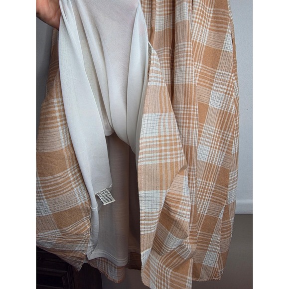 AURA Plaid Midi Dress Women Medium Orange White Smocked Puff Sleeve prairie - Picture 4 of 8